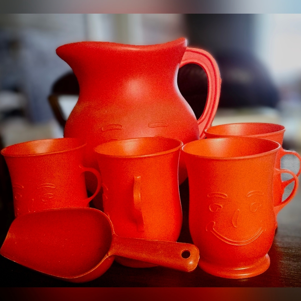 Smiley Face Red Pitcher and Mug Set